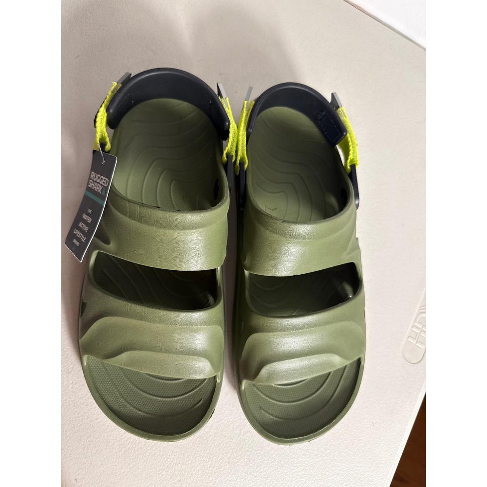 Rugged Shark Mens Water Sandals Olive Green Neon Yellow Sport Slide Size 12 NEW
